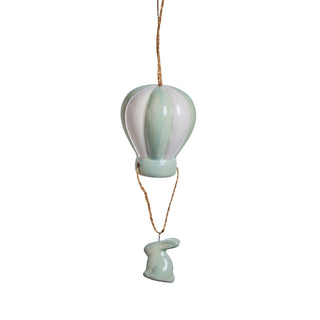 Deifilia hanging rabbit in hot air balloon ceramic H11 cm dusty green